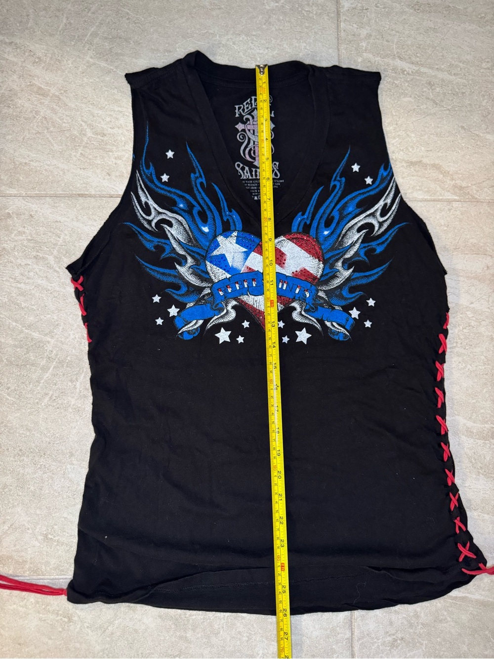 Rebel Saints Black Graphic V-Neck Tank with Red, White & Blue Glitter